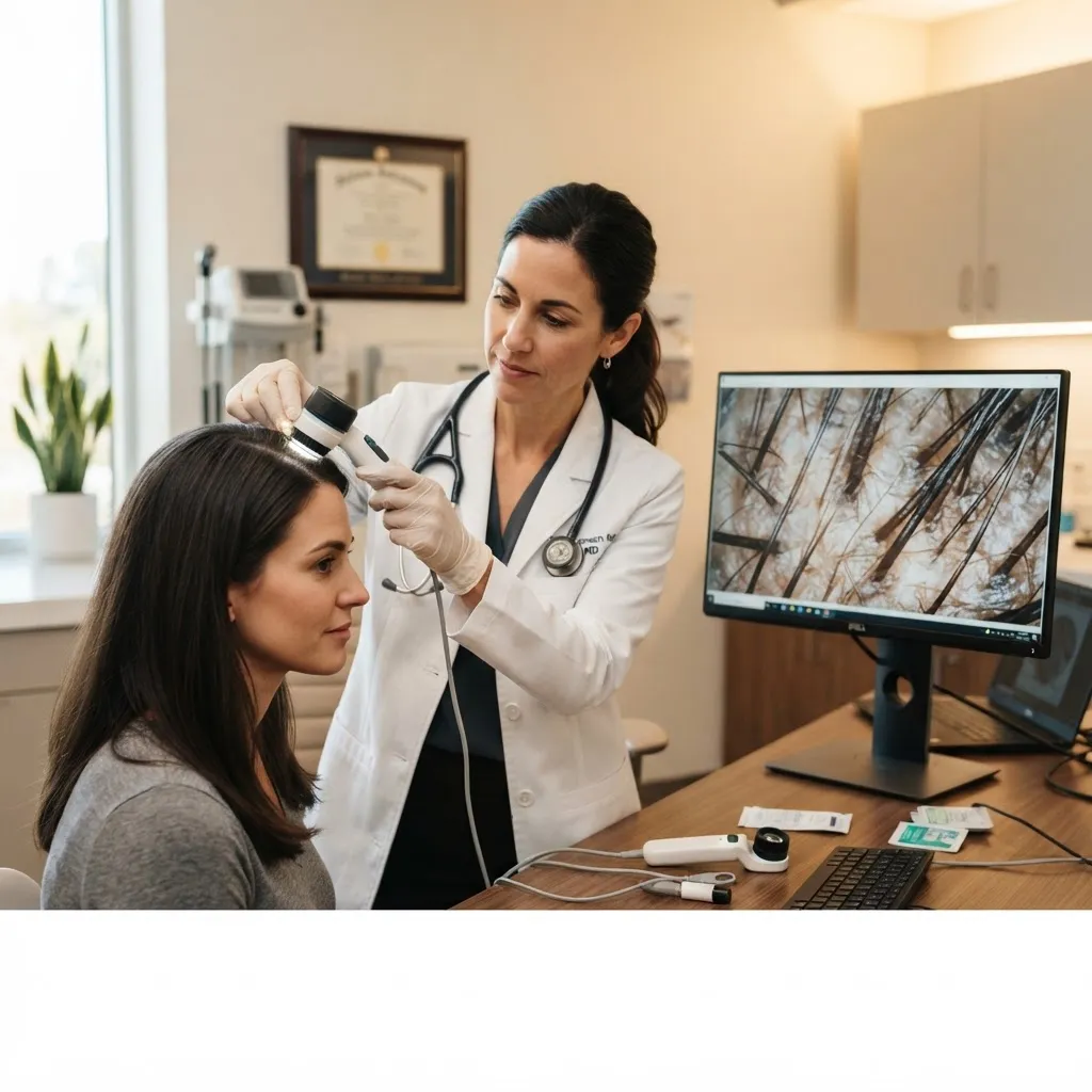 Dermatologista examinando o couro cabeludo de uma paciente com tricoscópio digital conectado ao monitor